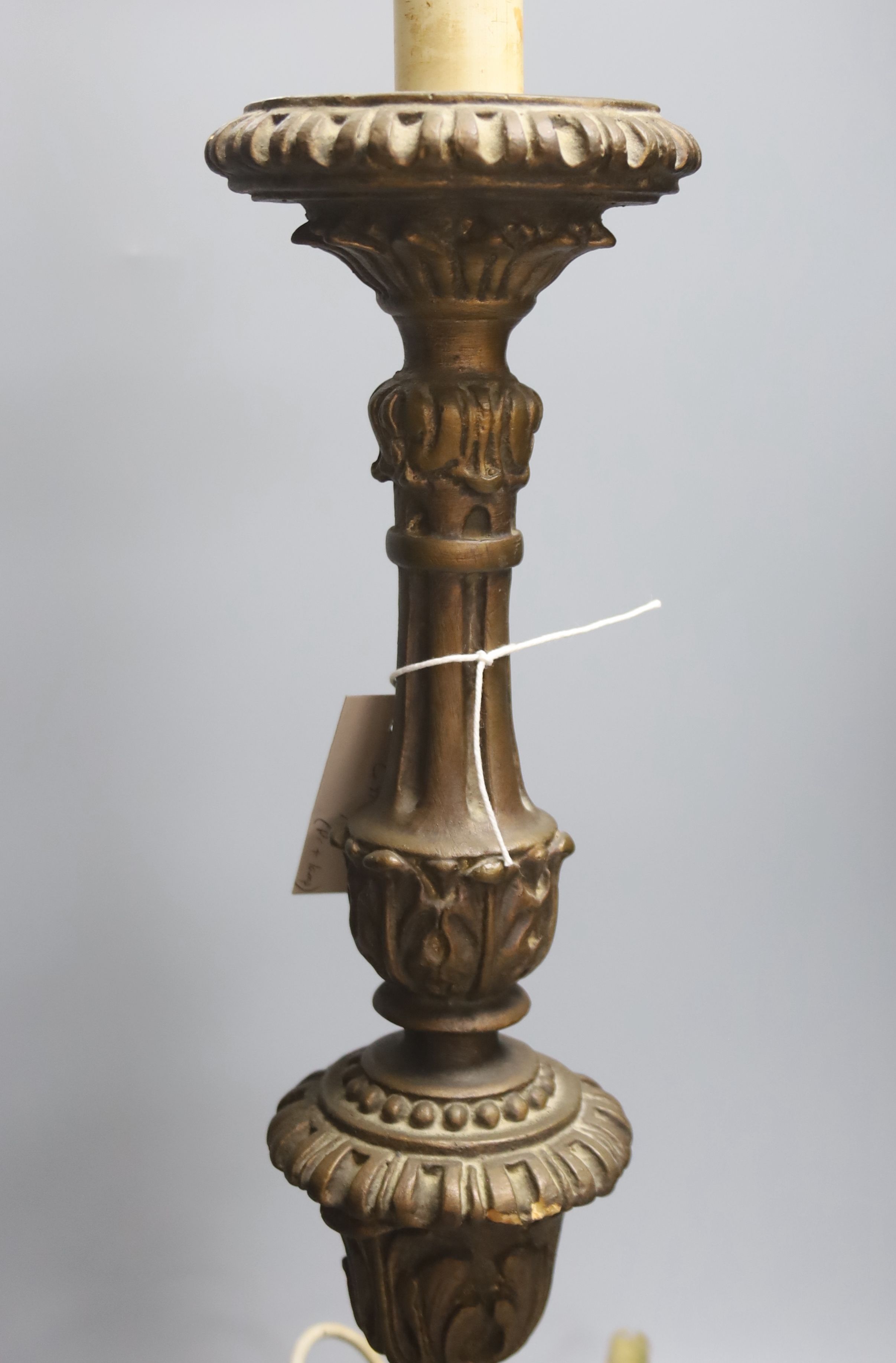 A pair of rococo style twin light wall sconces, and an Italian period style giltwood table lamp, height 56cm